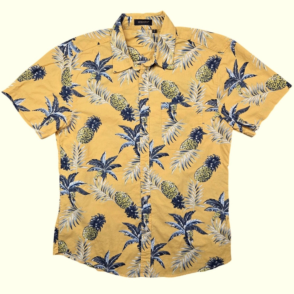 Pineapple Palm Leaf Tropical Hawaiian Shirt Mustard Yellow Medium Hisdern Mens
